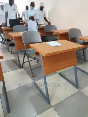 Wooden School Desk With Metal Legs and Frame With Chair