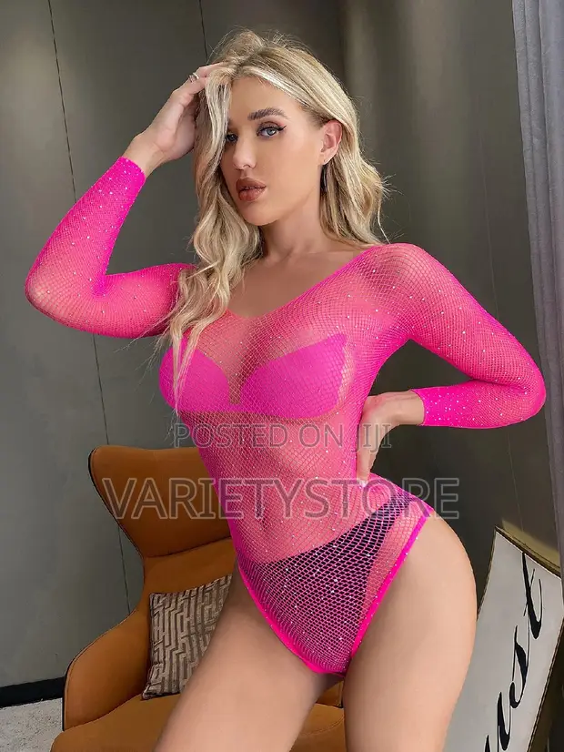 Women Sexy Fishnet Shiny Rhinestone Long Sleeve Bodysuit for sale