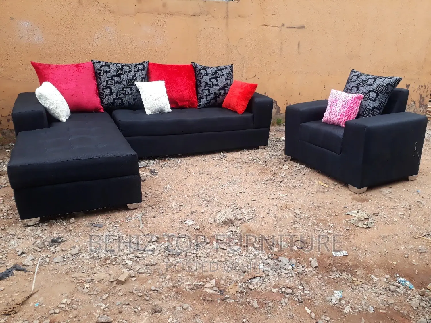 Black LShape With Single and Throw Pillows in Isolo Furniture, Behiz