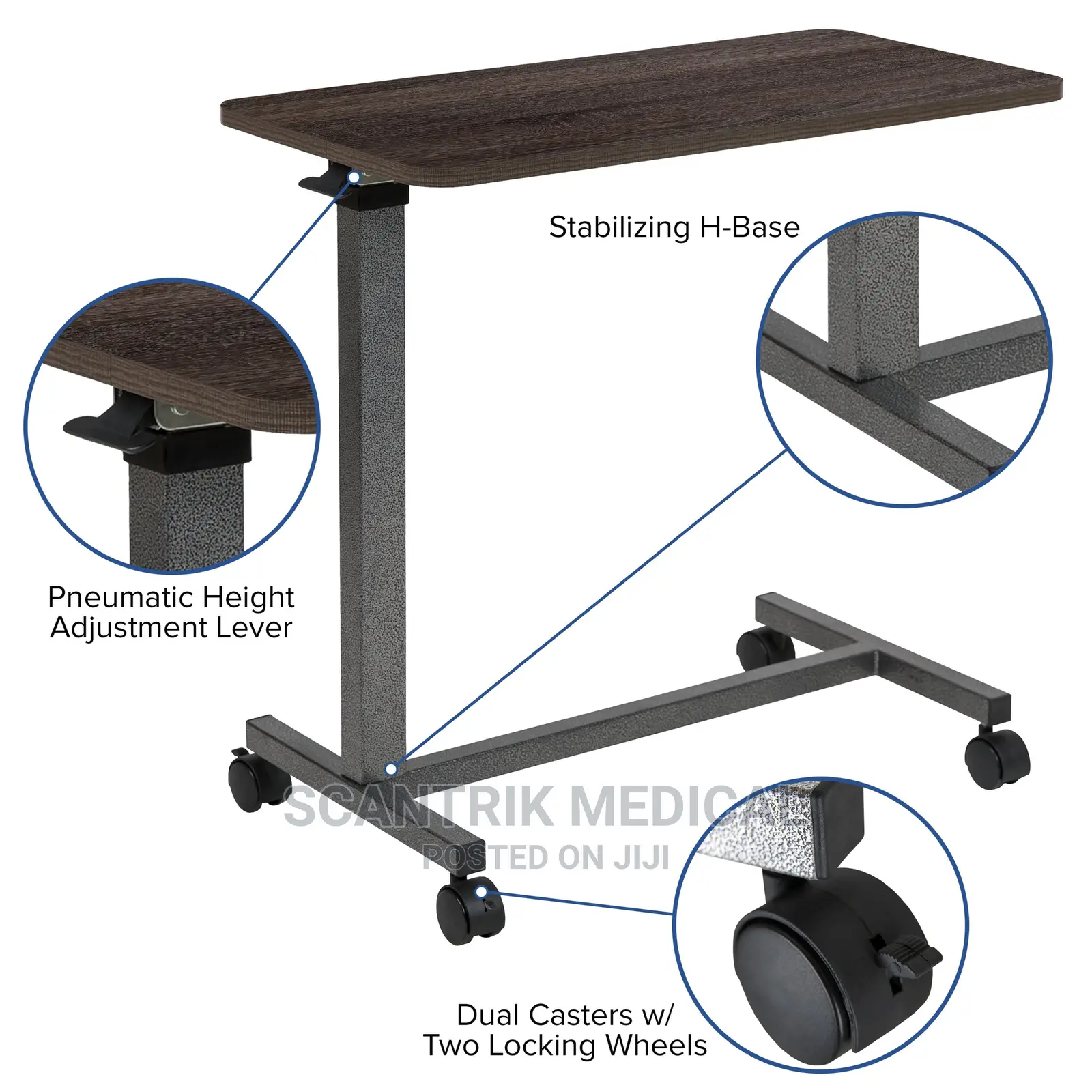 Adjustable Overbed Table With Wheels for Home and Hospital