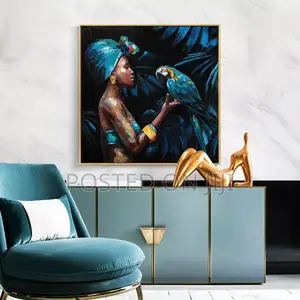 African Woman Playing With Parot Painting and Print