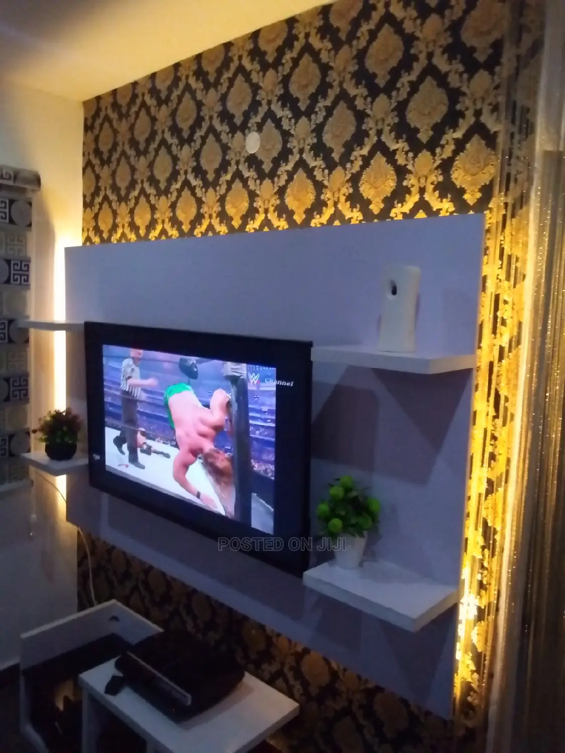 Wall TV Console With Gold Light