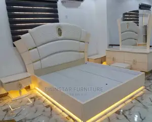 Modern European Bed With Drawers and Mirror Stand With Light