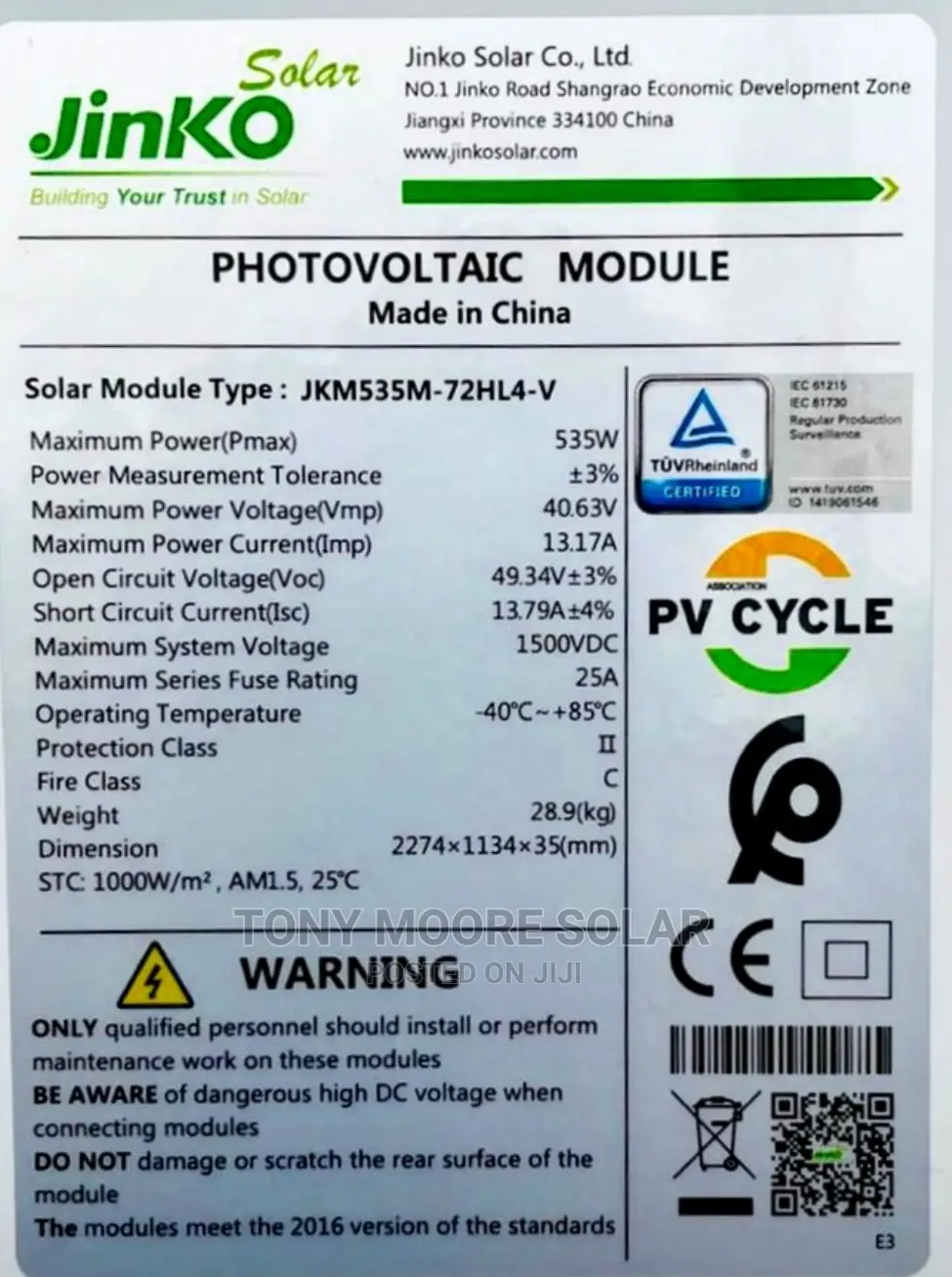 Jinko 535w Solar Panel Mono