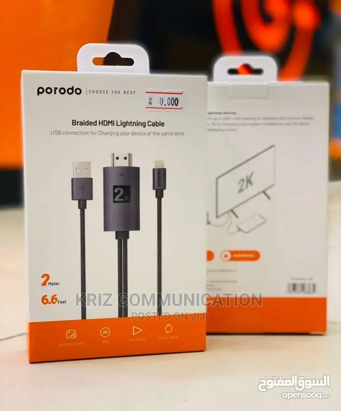 Porodo Braided 2K HDMI Lightning Cable 2M in Ikeja Accessories for