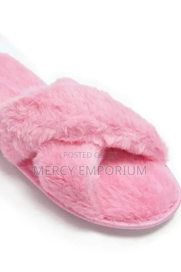 Pink Cross Front Fluffy Slippers