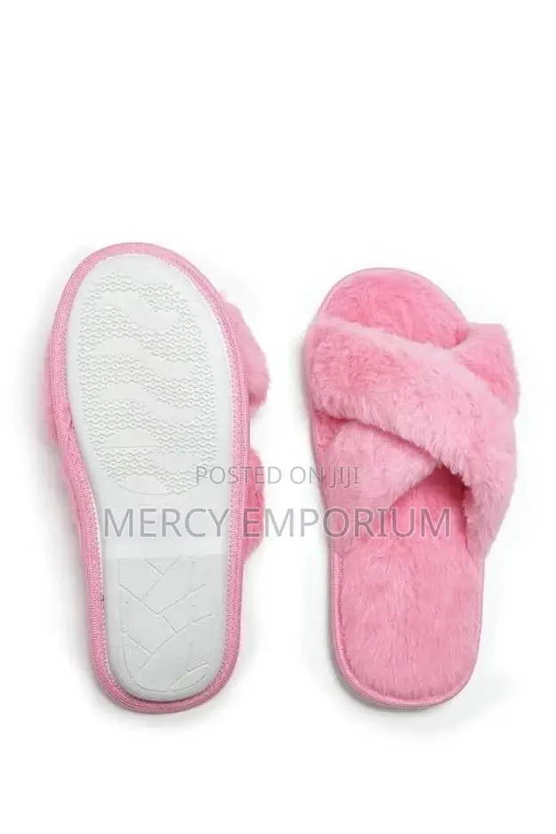 Pink Cross Front Fluffy Slippers