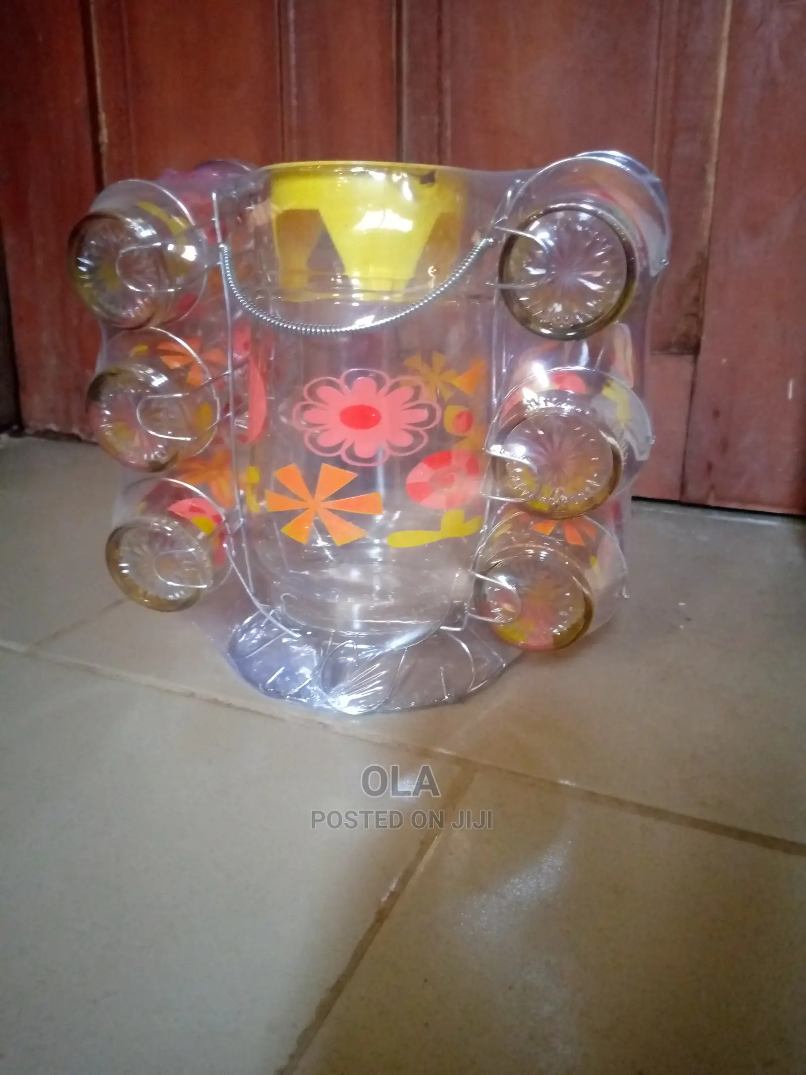 Glassware With Cups, Stainless Stand, and Jug.