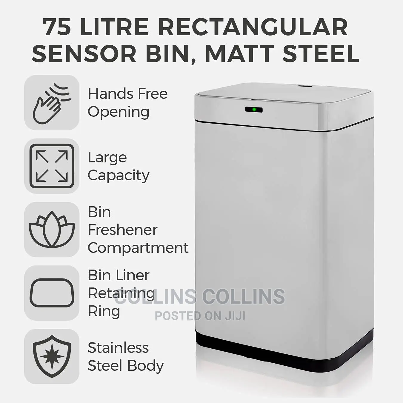 Tower T838001S 75L Rectangular Sensor Bin, Stainless Steel