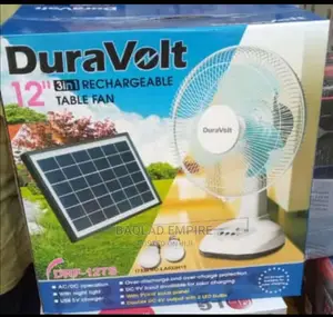 12" Duravolt Rechargeable Table Fan With Solar Panel 2 Bulbs